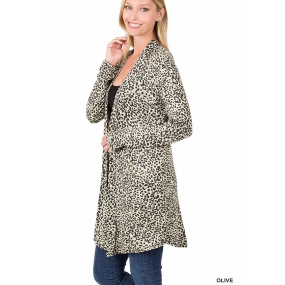 Sweaters - Olive Leopard Print Cardigan